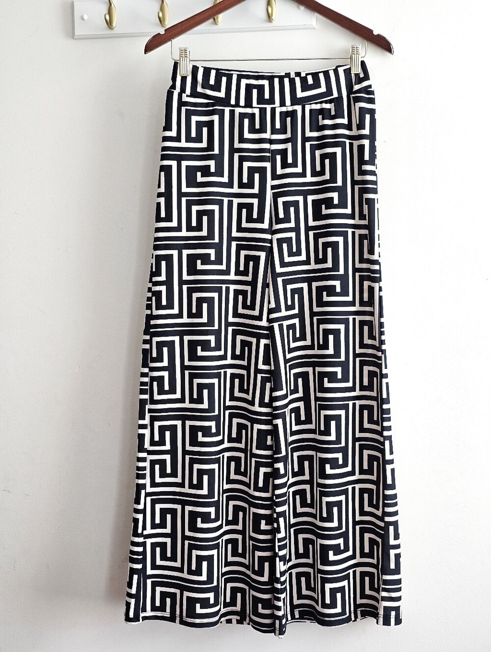 Made in Italy Black/Navy White Greek Key Wide Leg Palazzo Pants Stretch